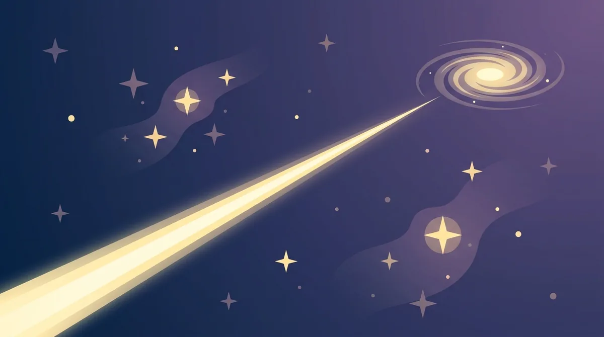 一束星光穿越深空，射向遥远的旋涡星系，展示了光在一光年内传播的浩瀚距离